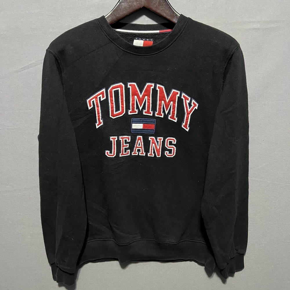 Tommy Jeans Sweatshirt Mens XL‎ Black Fleece Embroidered Logo Pullover Crewneck